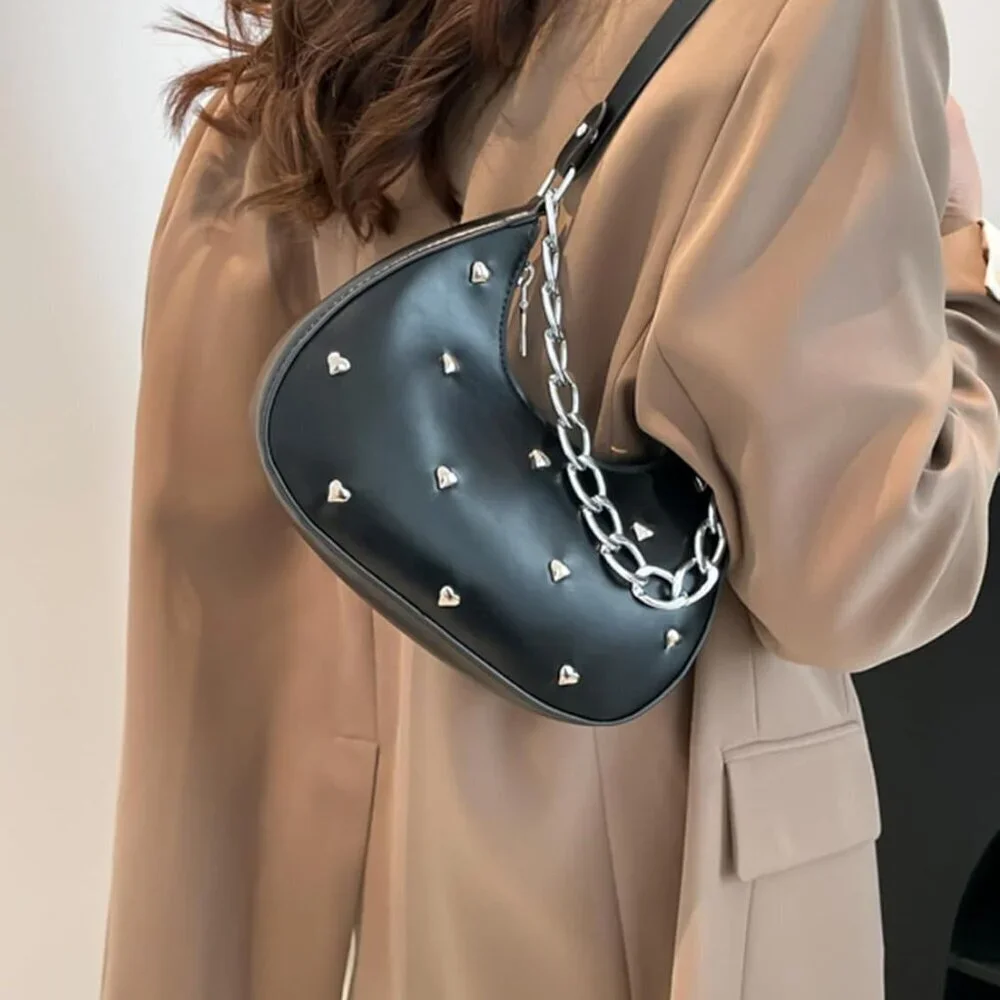 Women's PU Leather Shoulder Bag Metal Chain Rivets Zipper Closure Compact